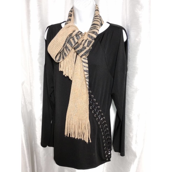 Metallic silver thread caramel tan black zebra stripe tiger scarf - Picture 2 of 6